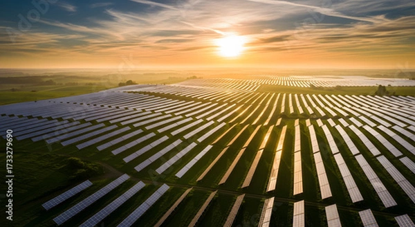 Fototapeta Aerial view of a vast solar panel farm at sunrise, with the sun low on the horizon casting a golden glow over the landscape and reflecting off the photovoltaic arrays.