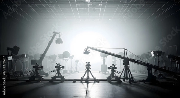 Fototapeta A wide shot of a film set with various equipment and lighting, ready for filming.