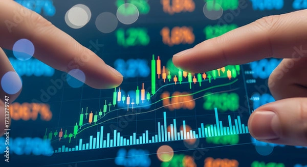 Fototapeta Fingers pointing at a stock market chart on a screen.