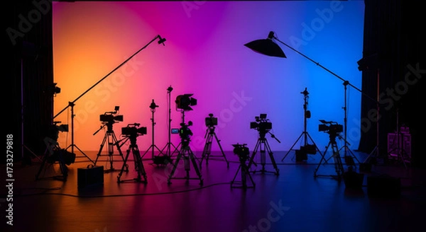 Fototapeta Professional video production studio with multiple cameras and lighting equipment silhouetted against a colorful backdrop.