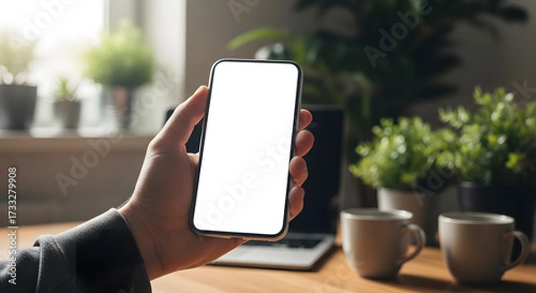 Fototapeta A person's hand holding a smartphone with a blank white screen, indoors near a window.