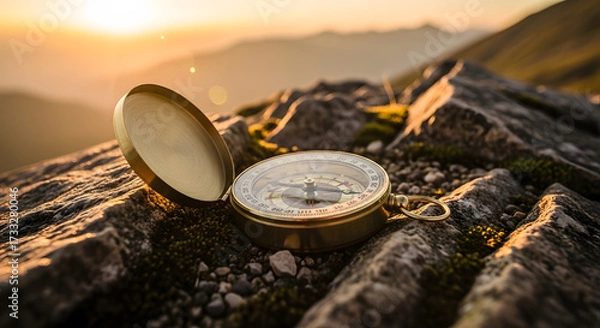Fototapeta A vintage golden compass rests on a mossy rock in the mountains during a beautiful sunrise, symbolizing direction and adventure.