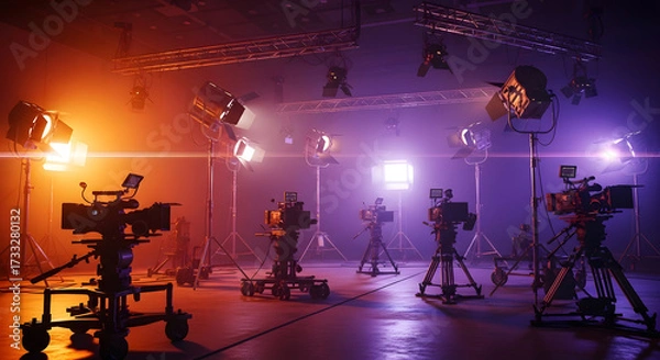 Fototapeta A professional television studio with multiple cameras, bright lights, and equipment ready for filming.