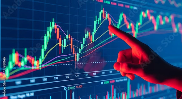 Fototapeta Financial chart analysis with a finger pointing at the screen.