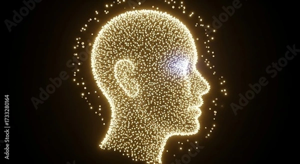 Fototapeta Artificial intelligence head made of glowing particles on black background