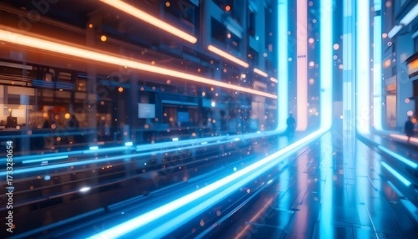 Fototapeta Abstract Futuristic Background Rendering with Glowing Neon Blue and Orange Lights for Modern Design