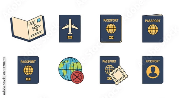 Obraz Comprehensive vector collection of international passport and travel icons, depicting global identification, official documentation, border control, and journey essentials for worldwide mobility