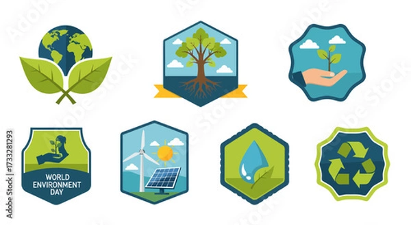 Obraz Diverse environmental protection badges illustrating global sustainability, clean energy, water conservation, and recycling symbols for eco-friendly projects and green initiatives