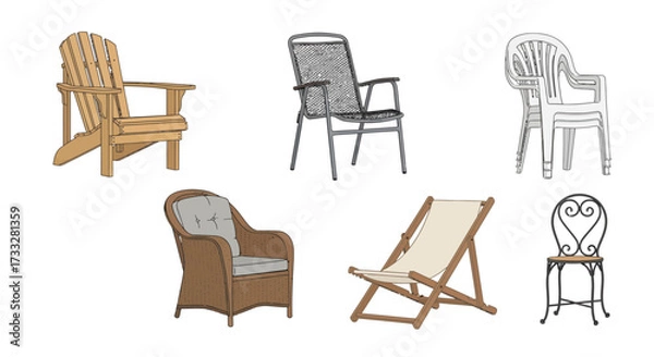 Fototapeta A diverse collection of outdoor and patio chairs, including classic Adirondack, wicker, metal, plastic, and foldable canvas designs, perfect for garden seating and leisure