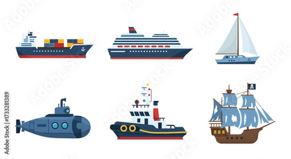 Obraz Comprehensive vector set of diverse water vessels. Includes cargo ship, cruise liner, sailboat, submarine, tugboat, and pirate ship. Ideal for marine transport concepts