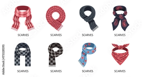 Obraz An elegant assortment of illustrated scarves, featuring a range of designs including checkered, floral, and solid patterns, ideal for fashion-related graphic projects