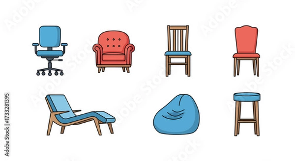 Fototapeta Modern flat design vector icons office chairs, armchairs, recliners, bean bags, dining chairs, and stools. Ideal for interior design and home decor