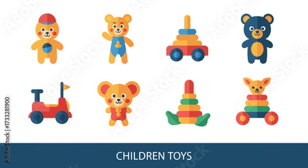 Obraz A delightful collection of vibrant flat design children's toys, showcasing adorable bear characters and engaging stacking games for playful learning and early childhood development