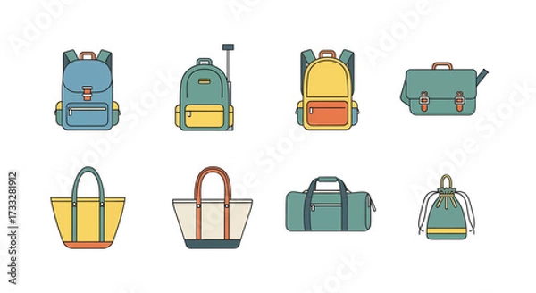 Obraz Flat outline vector illustrations of bags and backpacks school, travel, tote, and duffel. Ideal for lifestyle, education, and journey-related design projects