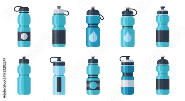 Fototapeta collection of various blue and black water bottles on white background