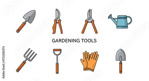 Fototapeta Collection of essential gardening tools for planting and cultivation, including trowel, pruners, fork, and watering can