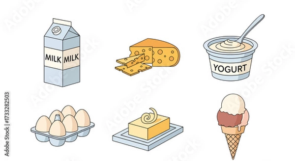 Fototapeta Assortment of dairy products and eggs including milk, cheese, yogurt, butter, and ice cream