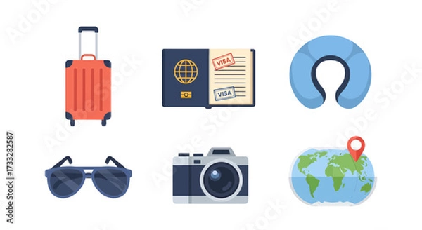 Obraz Travel and vacation icons including suitcase, passport, sunglasses, neck pillow, camera and map