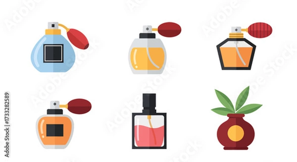 Obraz Set of beautifully crafted perfume and cologne bottles in a flat design illustration, perfect for beauty, personal care, and luxury aroma concepts
