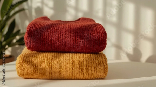 Obraz Stacked Knit Sweaters in Warm Sunlight