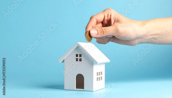 Obraz a Saving concept and home purchase loan home finance. hand putting money coin