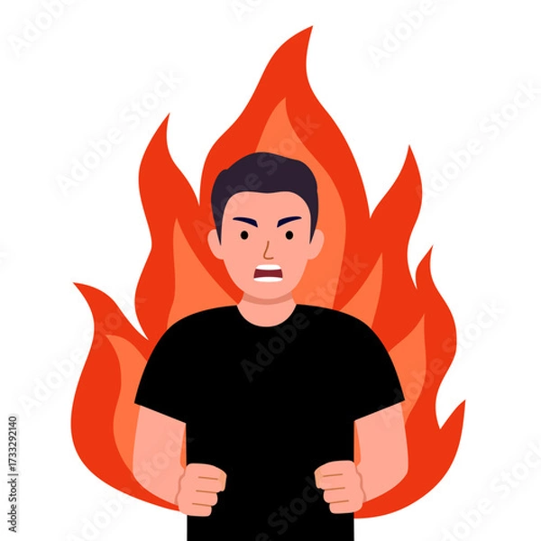 Fototapeta Angry man character with flame in flat design on white background.