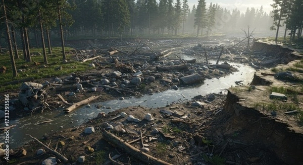 Fototapeta Post-Apocalyptic Forest Riverbed with Debris and Mist