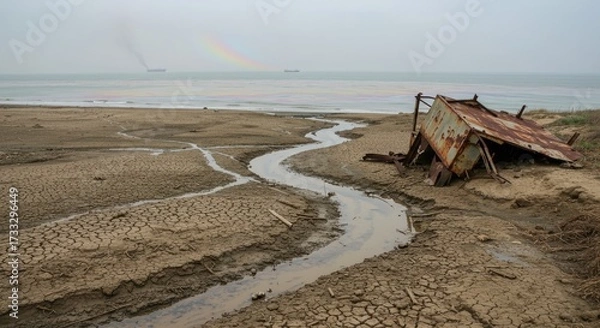 Obraz Rusted Shipwreck and Cracked Earth by the Sea