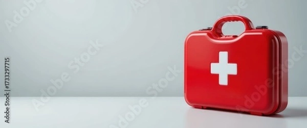 Fototapeta Bright red first aid kit with a prominent white cross sitting on a clean white surface against a light gray backdrop