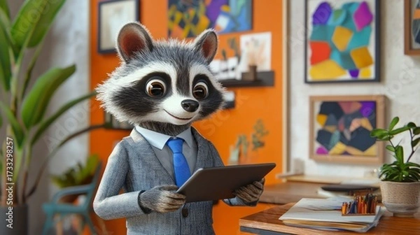 Fototapeta Raccoon businessman using tablet in office setting with art and plants for stock photos and design needs