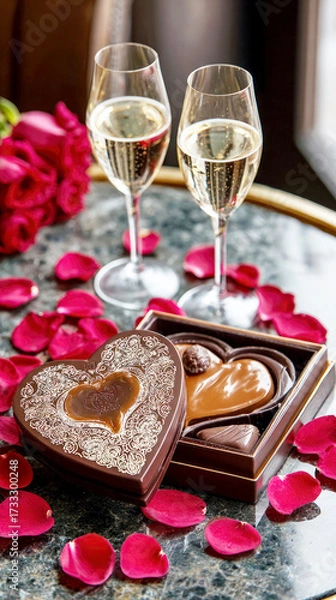 Fototapeta Romantic setting with two glasses of champagne, a heart-shaped chocolate box, and scattered red rose petals on a marble table, concept of a luxurious celebration