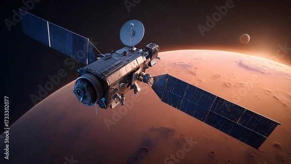 Fototapeta Space Probe Orbiting Mars with Solar Panels in Deep Space | Realistic 3D Render