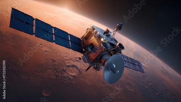 Fototapeta Space Probe Orbiting Mars with Solar Panels in Deep Space | Realistic 3D Render
