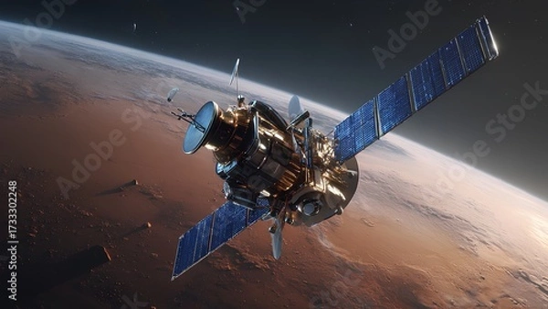 Fototapeta Space Probe Orbiting Mars with Solar Panels in Deep Space | Realistic 3D Render