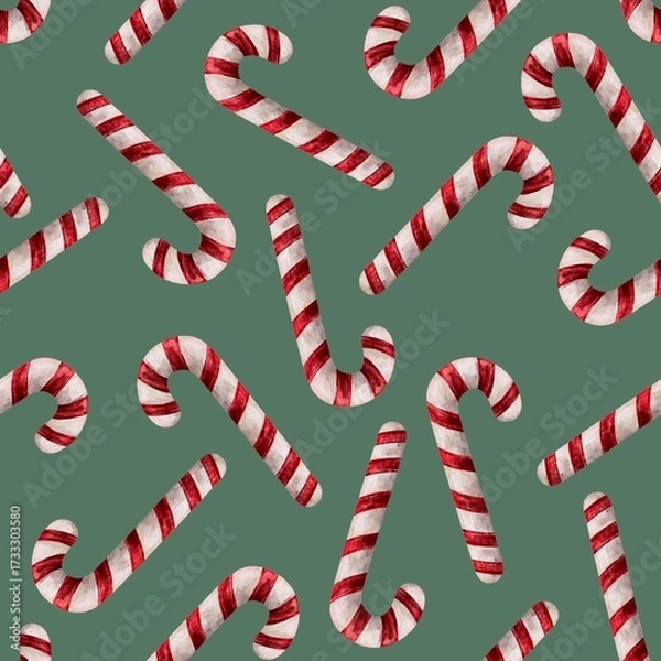 Fototapeta Christmas seamless pattern. Watercolor christmas candy cane. hand painted traditional christmas candy cane with red and white stripes