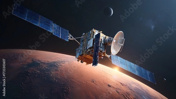 Fototapeta Space Probe Orbiting Mars with Solar Panels in Deep Space | Realistic 3D Render