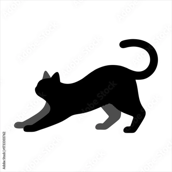 Fototapeta Minimal flat vector illustration of a playful cat stretching in side view, clean modern style perfect for logo and character design