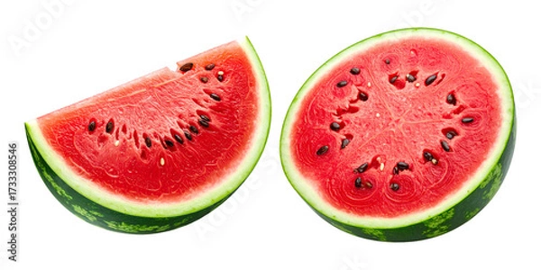 Fototapeta Isolated half watermelon slice with fresh red flesh and visible seeds on white background