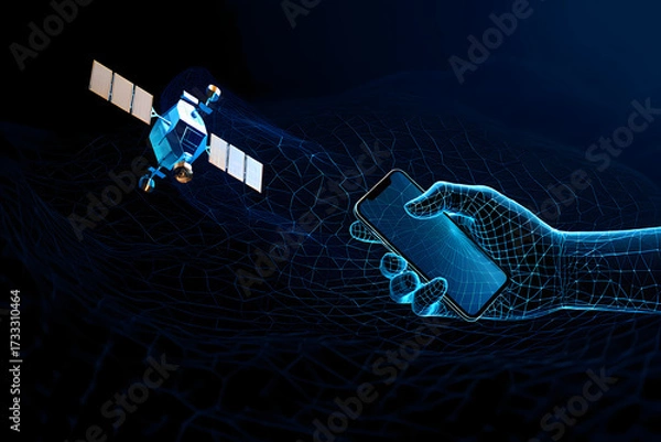 Obraz A digital hand holding a smartphone connected to a satellite in a dark blue background space