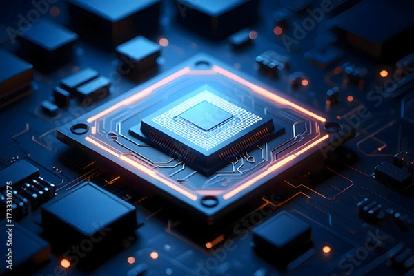 Obraz A close up shot of a computer chip with glowing orange lines on a dark blue circuit board design