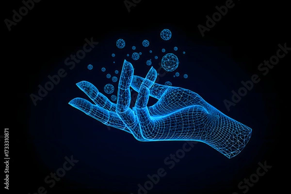 Obraz A blue wireframe hand with fingers extended holding floating wireframe spheres on a black background