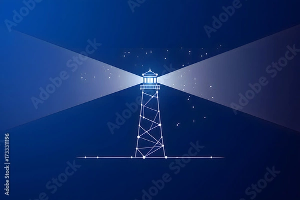 Obraz Stylized illustration of a lighthouse emitting light beams on a gradient blue background night sky