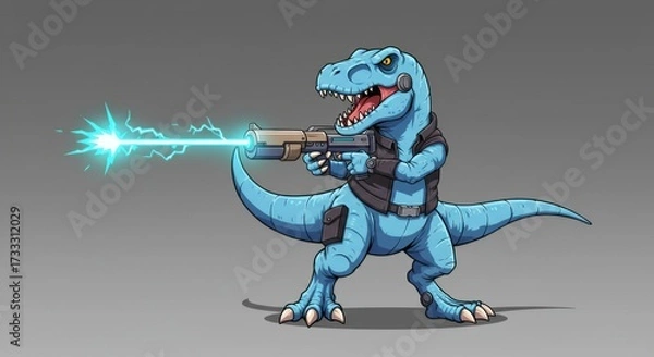 Fototapeta Cartoon t-rex shooting a laser gun