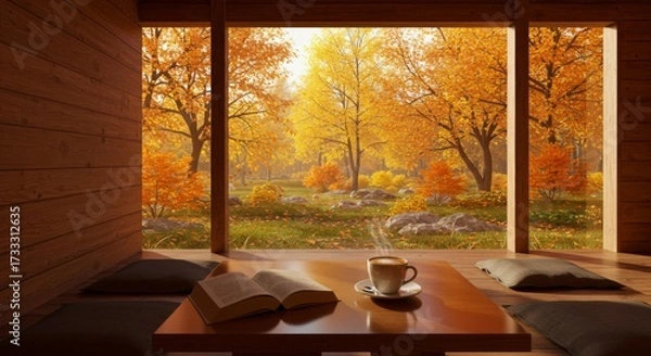 Fototapeta Cozy autumn view from wooden cabin with coffee and book