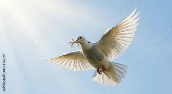 Fototapeta Dove in flight carrying twigs against blue sky