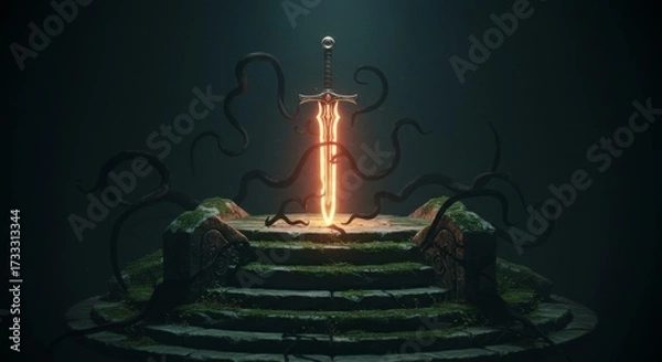 Fototapeta Glowing sword on mossy stone altar