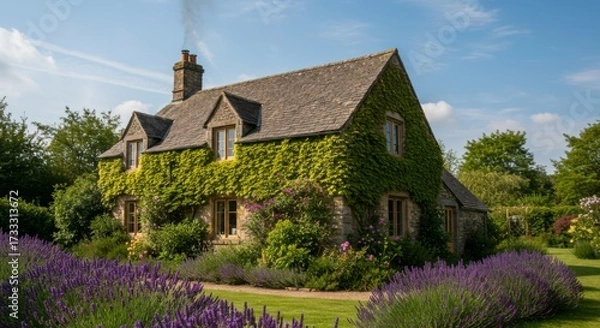 Fototapeta Idyllic cotswold cottage with lavender garden in summer
