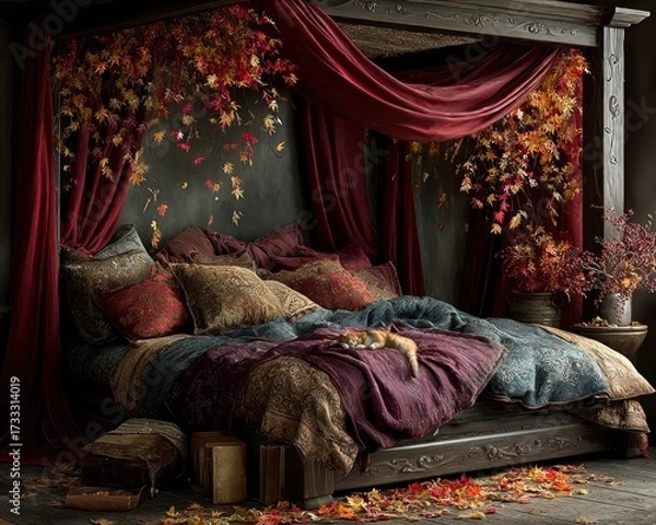 Fototapeta Velvet-draped canopy bed, spectral kittens playing in floating autumn leaves