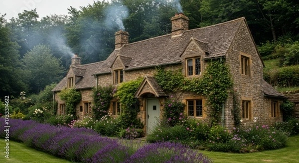 Fototapeta Quaint english cottage with lavender and climbing vines