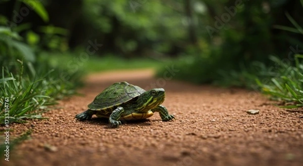 Fototapeta Red eared slider turtle crossing a dirt path